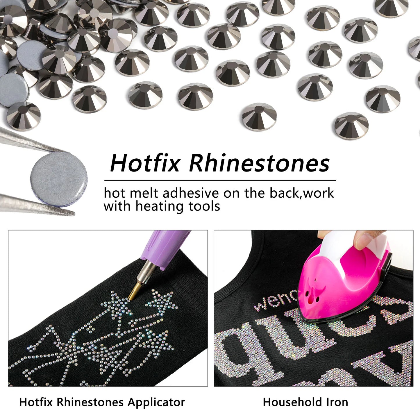 Hotfix Rhinestones, Crystal Rhinestones for Crafts Clothes DIY Decoration- Hematite